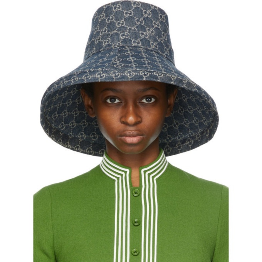 Navy Blue Jacquard Denim Monogram Wide Large Brim Bucket Hat Beach New Sun Cover - Picture 1 of 15